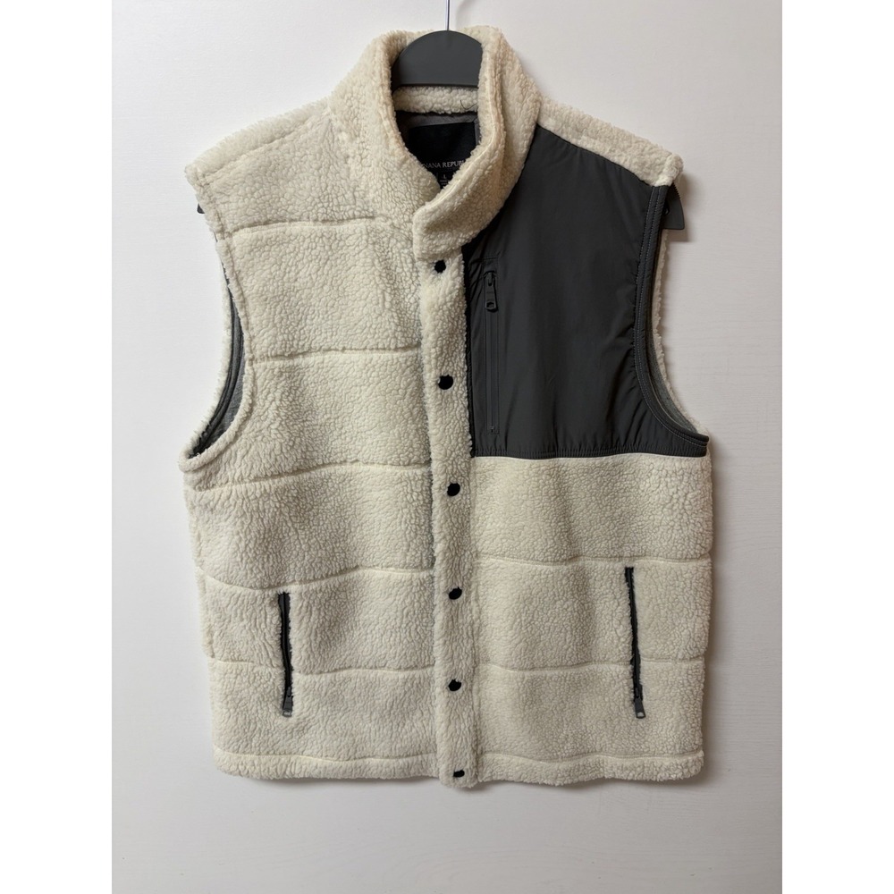 Banana Republic Mens White Sherpa Quilted Vest Zip Pockets 76145-00 Large